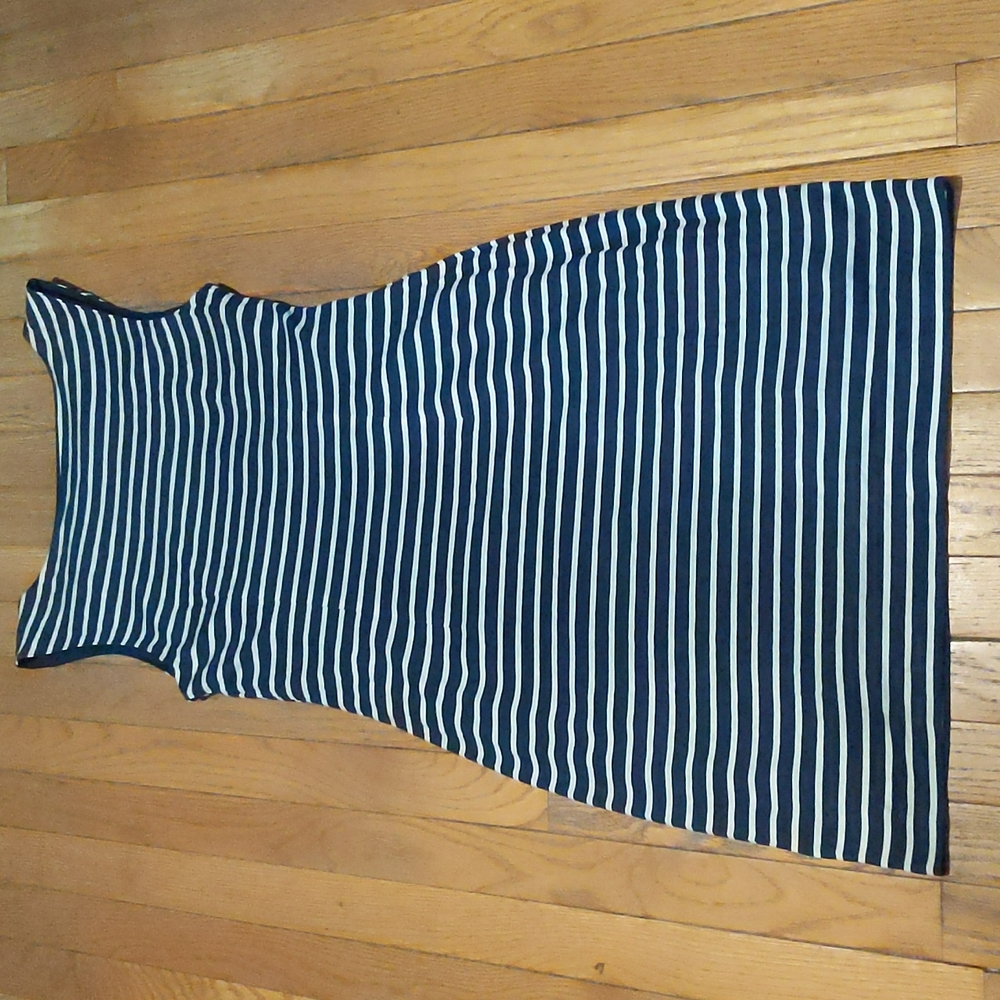 Loft, blue and beige stripes dress, side ruched, M petite, NWT - Picture 6 of 7